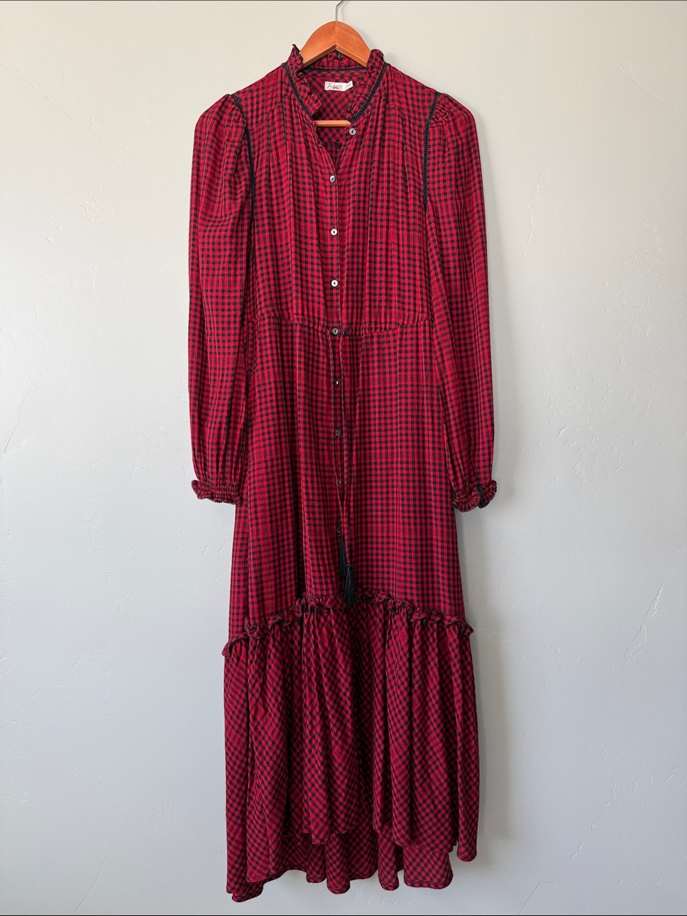 Faherty Sandia Red and Black Plaid Long Sleeve Maxi Dress